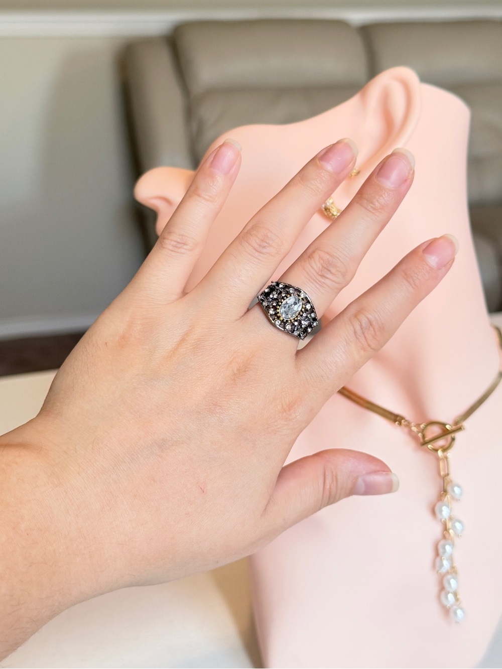 Vintage-Inspired Black and Silver Crystal Cocktail Ring